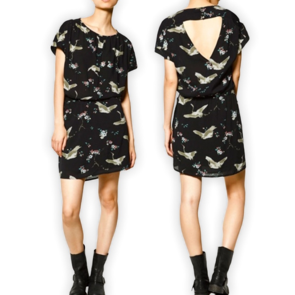Zara Flying Cranes & Flowers open back dress Small